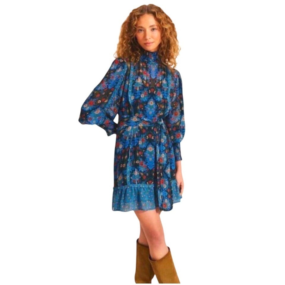 Farm Rio Arabesque Floral Blue High Neck Mini Dress Smocked Cuff Size M NWT